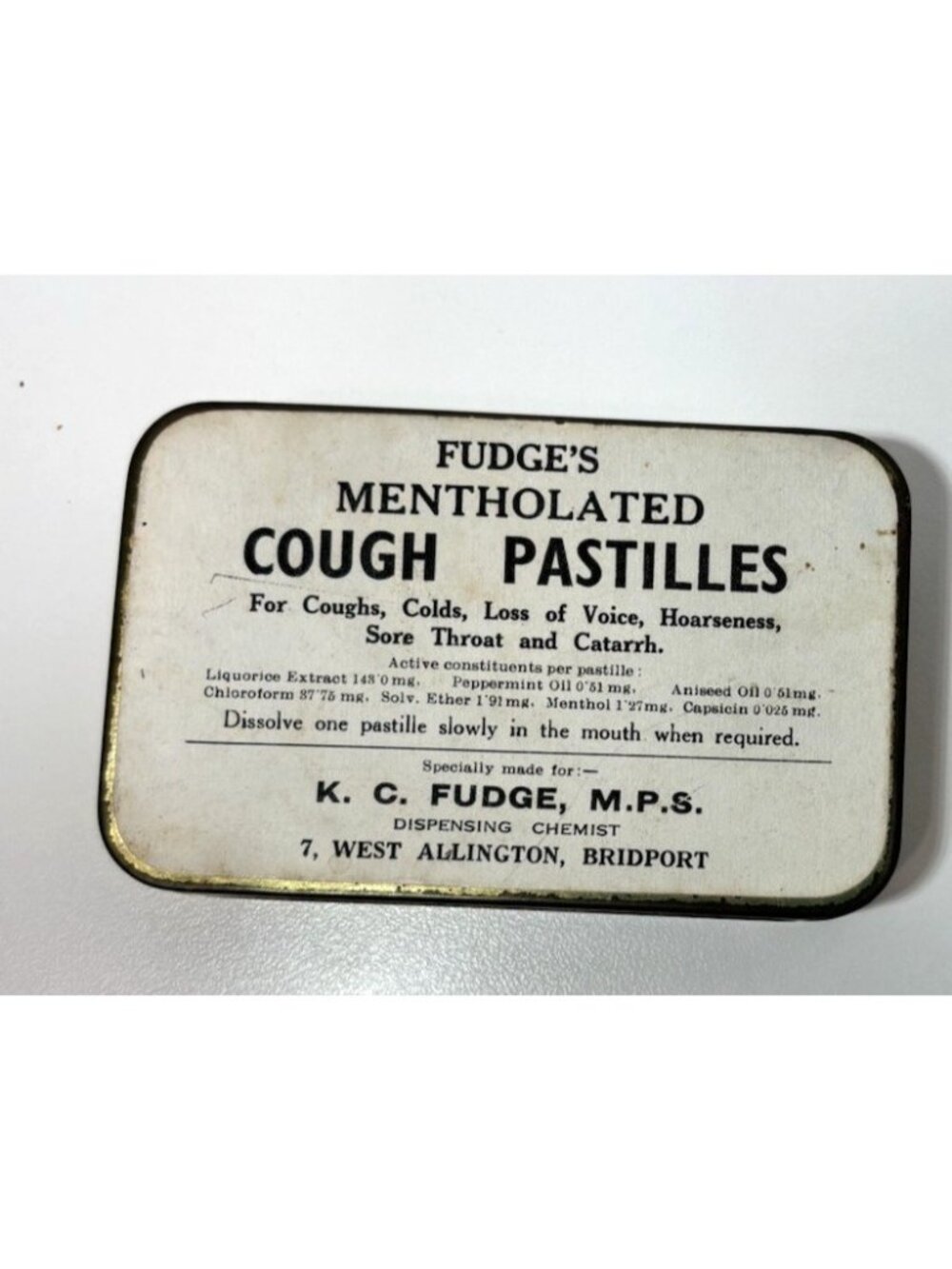 Vintage Fudge's Cough Pastilles Tin Chloroform and Ether on Ingredient List